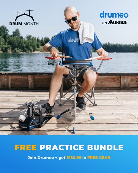 This image ad promotes Drumeo, an online platform for drummers, emphasizing their Drum Month promotion and offering a fr