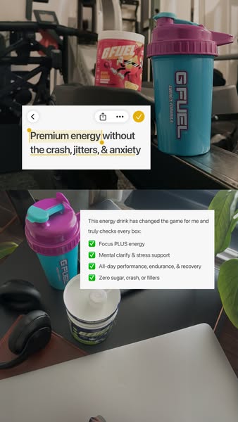 This ad showcases G Fuel energy drinks and powder by displaying a series of notes app screenshots that include product f