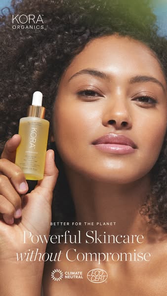 This ad for Kora Organics features a woman holding the Noni Glow Face Oil. The ad promotes the brand's commitment to
