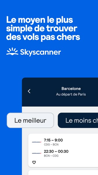 This ad promotes Skyscanner as the easiest way to find cheap flights. It shows a screenshot of the app interface, highli