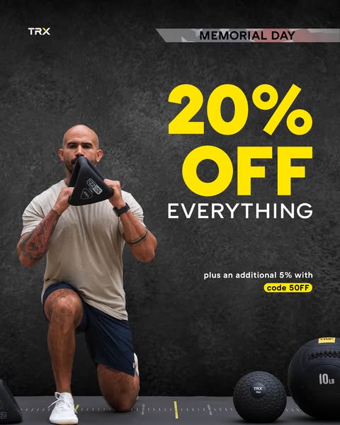 This TRX ad promotes a Memorial Day sale, featuring 20% off everything plus an additional 5% off with code 50FF.
