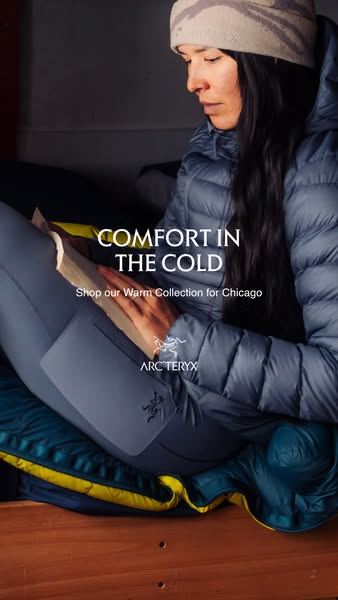 This ad by Arc'teryx features a woman wearing their outerwear while reading a book. The ad promotes Arc'teryx