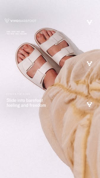 This ad showcases Vivobarefoot's 'Slider' sandals, emphasizing the feeling of barefoot freedom. The ad featu