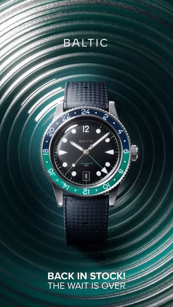This ad showcases a Baltic Aquascaphe GMT watch. The watch is displayed in the center of the frame against a turquoise b