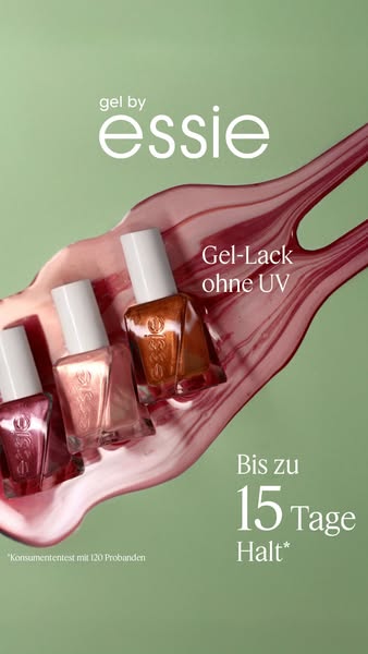 This ad for Essie gel nail polish shows three bottles of nail polish against a green background with a swirl of nail pol