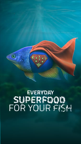 This ad features a fish wearing a superhero costume to promote a superfood for fish.