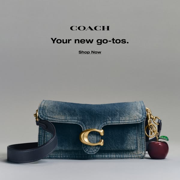 This ad for Coach showcases one of their denim bags with a gold 'C' logo. The ad uses a clean, simple background