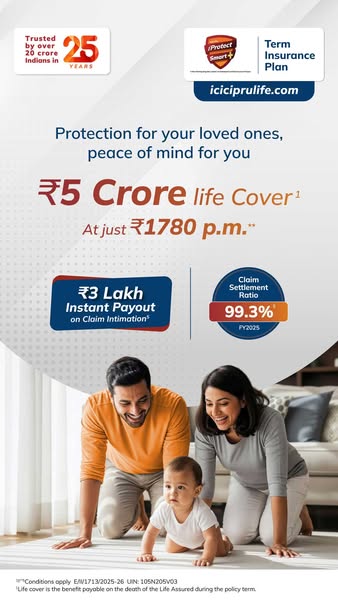 This image ad for ICICI Prudential Life Insurance promotes a term insurance plan that provides financial protection and 