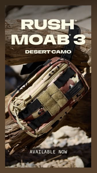 This image ad showcases the RUSH MOAB 3 Desert Camo bag by 5.11 Tactical, highlighting its design and availability.