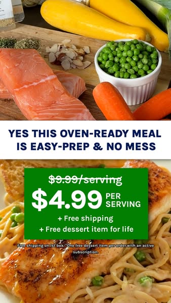 An advertisement for an oven-ready meal delivery service. The ad highlights the convenience and value of the meals, emph
