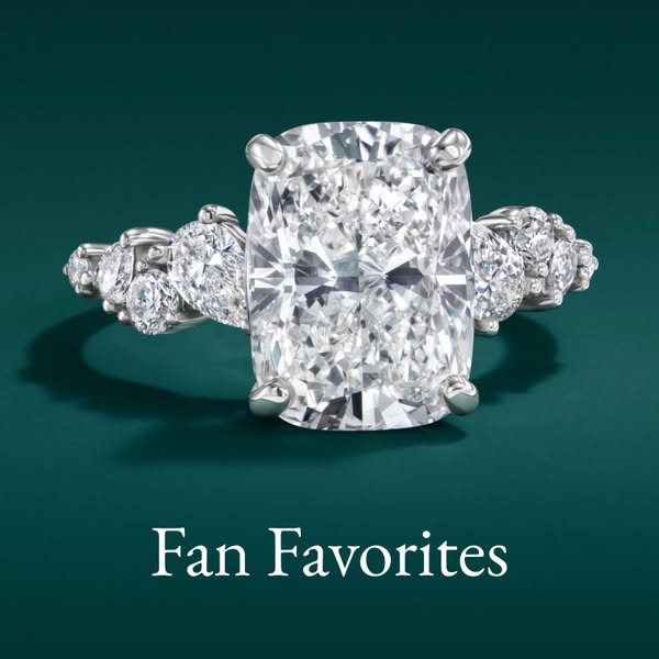 This ad showcases a ring featuring a large, rectangular diamond as its central stone, flanked by a series of smaller, ro