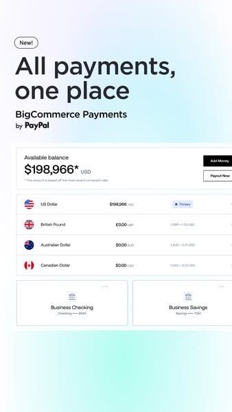 Ad for BigCommerce payments by PayPal showing a screenshot of a dashboard with a large available balance, and the abilit
