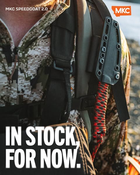 This ad features a close-up shot of the MKC Speedgoat 2.0 knife attached to a backpack, emphasizing its availability wit