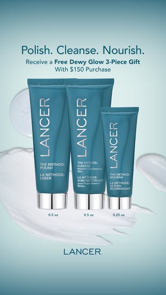 Image ad promoting Lancer skincare with an offer for a free 3-piece gift with a purchase over $150.