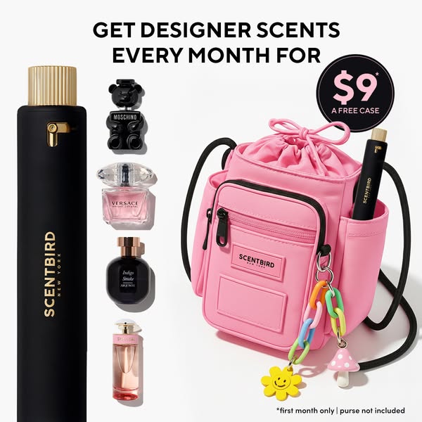 This ad promotes Scentbird, a fragrance subscription service, showcasing a variety of designer perfumes and highlighting