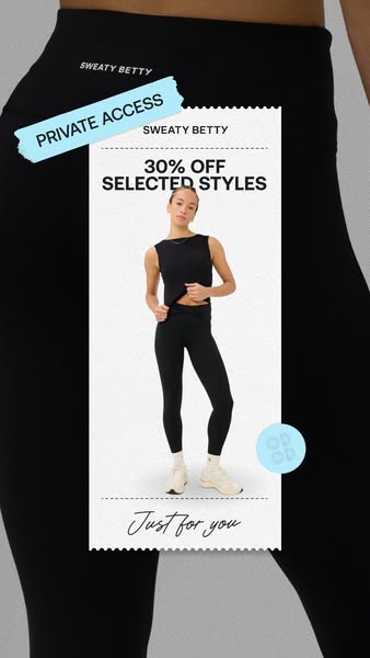 This image ad is for Sweaty Betty and promotes a sale of 30% off select styles. It features a woman modeling a matching