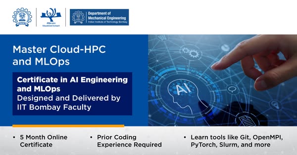 This ad promotes a certificate in AI Engineering and MLOps from IIT Bombay Faculty. The ad highlights that it is a 5 mon