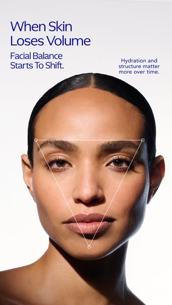 This ad highlights the issue of facial balance shifting due to skin losing volume over time, emphasizing the importance 