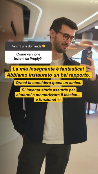 This ad features a man sharing his positive experience learning with Preply. He highlights the personalized and effectiv