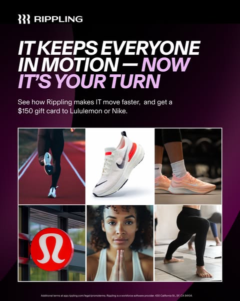 This ad for Rippling uses a grid layout to show active people and athletic gear. The ad promotes Rippling as a way to ma