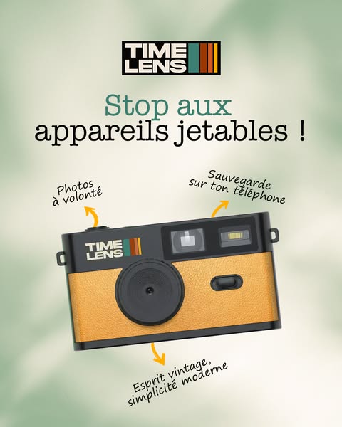 This ad promotes Time Lens, a digital camera with a vintage aesthetic. The ad highlights the camera's ability to tak