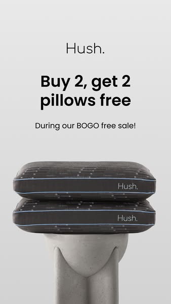 This image ad for Hush promotes a BOGO free sale on their pillows. The ad features a stack of two Hush pillows on a gray