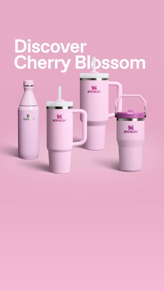 This ad is for Stanley drinkware, showcasing a new Cherry Blossom color across different product types. The ad is simple