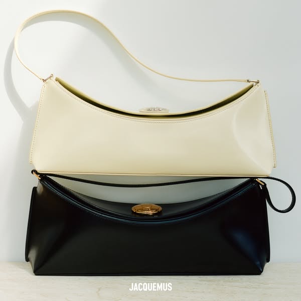 This image ad features two Jacquemus handbags stacked on top of each other. The ad is simple and focuses on the visual a