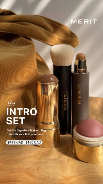 This ad promotes Merit's Intro Set, which includes a signature makeup bag free with the first purchase. The ad featu