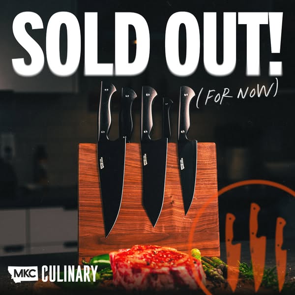 This image ad for MKC Culinary features a set of knives displayed on a wooden block, with the text "SOLD OUT! (FOR 