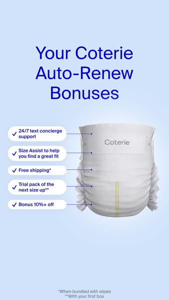 This image ad promotes the Coterie brand's auto-renew program by listing its perks like 24/7 support, free shipping,