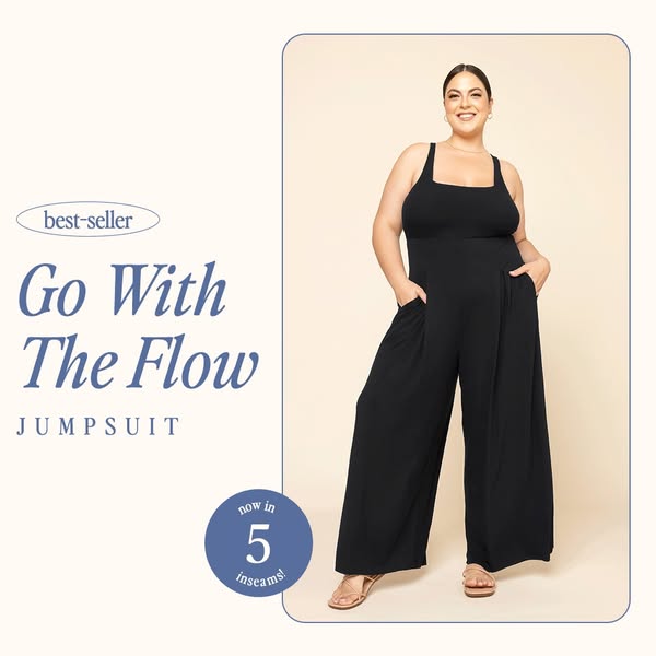 This ad features a woman modeling a black jumpsuit. The ad highlights that the jumpsuit is a best-seller and is now avai