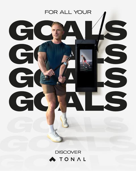 This image ad showcases the Tonal home fitness system with a man demonstrating the equipment. The ad uses the text &quot