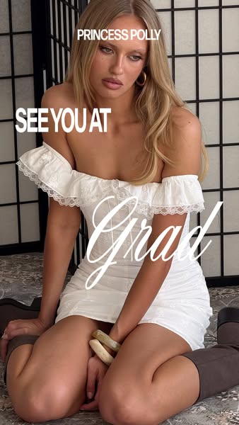This ad by Princess Polly promotes clothing for graduation. It features a model wearing a white dress and the words &quo