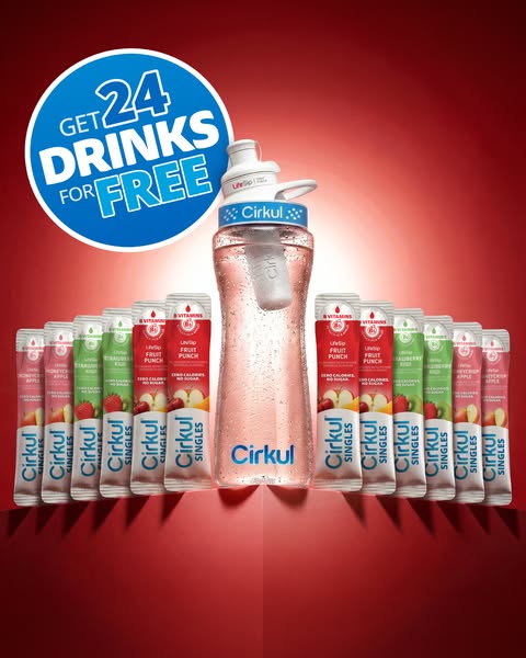 This ad showcases the Cirkul water bottle and flavor cartridges, highlighting a promotion of 24 free drinks. The ad uses