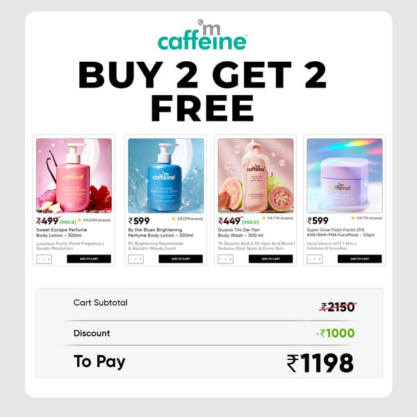 This ad features four skincare products from the brand mCaffeine with a Buy 2 Get 2 Free offer, along with cart details.