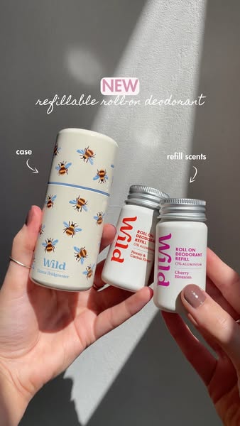 This ad showcases Wild's new refillable roll-on deodorant. It highlights the product's case, refill scents, and 