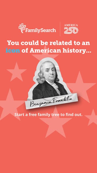 This image ad for FamilySearch suggests users may be related to an 'icon of American history' and encourages use