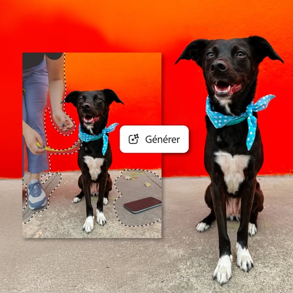 The ad shows a before and after of a dog photo that has been edited using Adobe's Generative Fill tool. The original