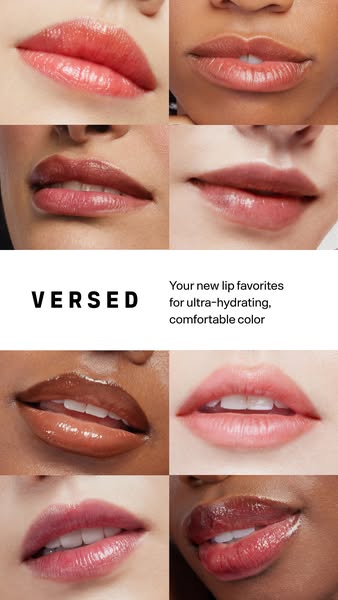This ad for Versed features a grid of close-up shots of lips with different shades of lip products applied. The ad highl