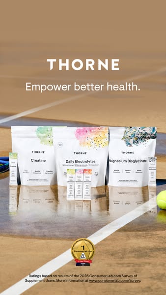 This ad promotes Thorne supplements, specifically Creatine, Daily Electrolytes, and Magnesium Bisglycinate, emphasizing 