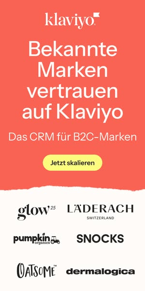 This ad for Klaviyo features a coral background with white text and logos of brands that use Klaviyo's services. The