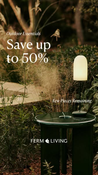 This image ad promotes Ferm Living's outdoor essentials, highlighting a sale of up to 50% off. The ad features an ou