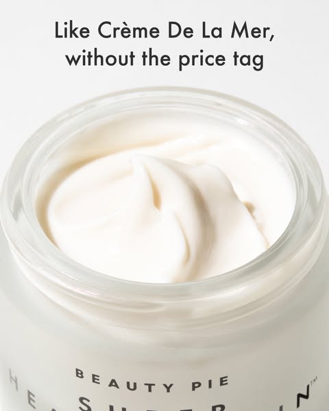 This ad uses the direct comparison format to position Beauty Pie's Super Healthy Skin moisturizer as a similar produ