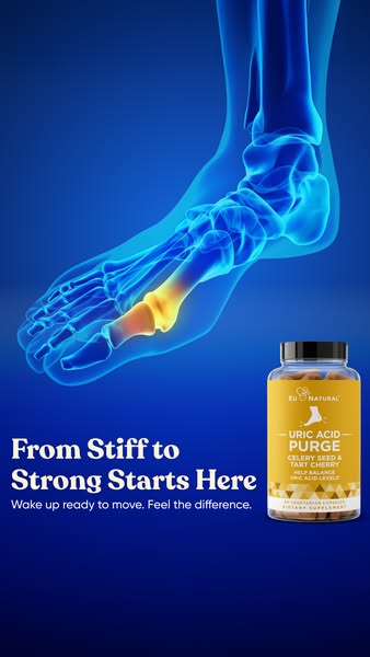 This image ad for Eu Natural's Uric Acid Purge supplement features an x-ray image of a foot with a highlighted joint