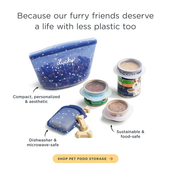 This ad promotes reusable food storage containers for pets, emphasizing their compact, personalized, aesthetic design. I