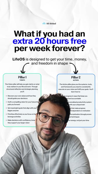This ad promotes LifeOS, a system designed to help users gain time, money, and freedom. It highlights the two pillars of