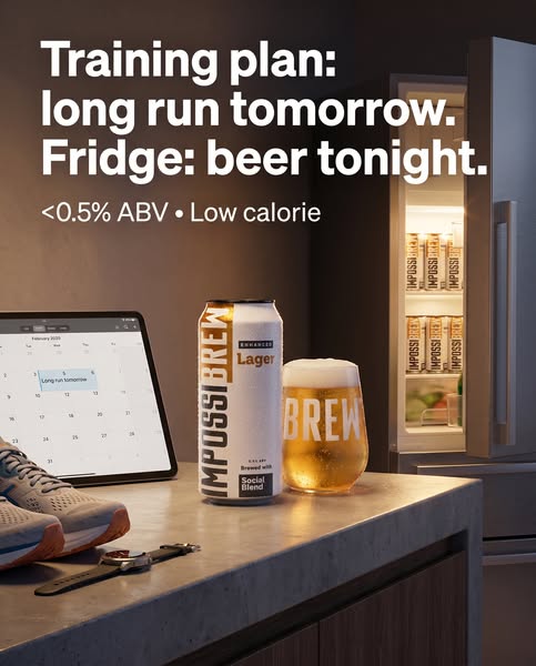 The ad highlights the benefit of drinking ImpossiBrew beer with low ABV and calories after a long run. It showcases how 