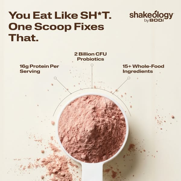 This image ad features a close up of Shakeology powder in a scoop, emphasizing it's high protein, probiotic, and who