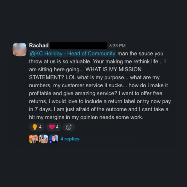 This ad uses a screenshot of a testimonial from a user named Rachad to highlight the value of KC Holiday's content. 